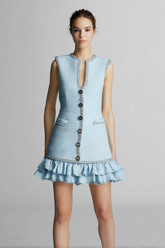 Sky Blue Tweed Tiered Tight Short Homecoming Dress with Ruffles