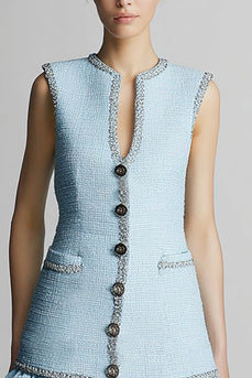 Sky Blue Tweed Tiered Tight Short Homecoming Dress with Ruffles