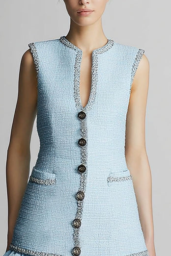 Sky Blue Tweed Tiered Tight Short Homecoming Dress with Ruffles