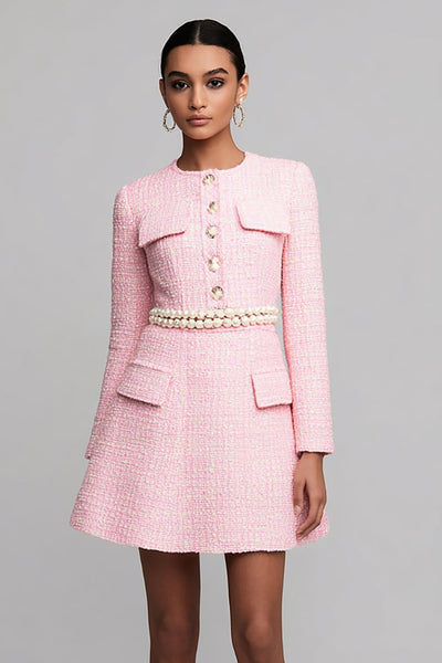 Pink Tweed Long Sleeves A Line Short Homecoming Dress with Pearls