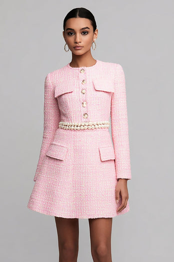 Pink Tweed Long Sleeves A Line Short Homecoming Dress with Pearls