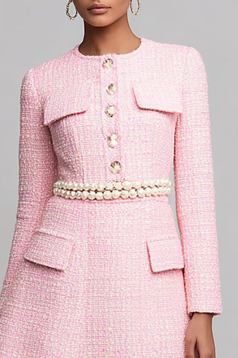 Pink Tweed Long Sleeves A Line Short Homecoming Dress with Pearls