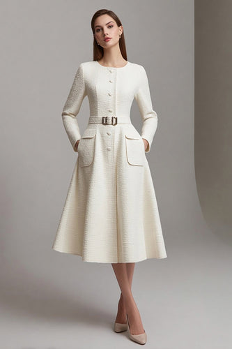 Ivory Tweed Boat Neck A Line Midi Homecoming Outfits with Belts