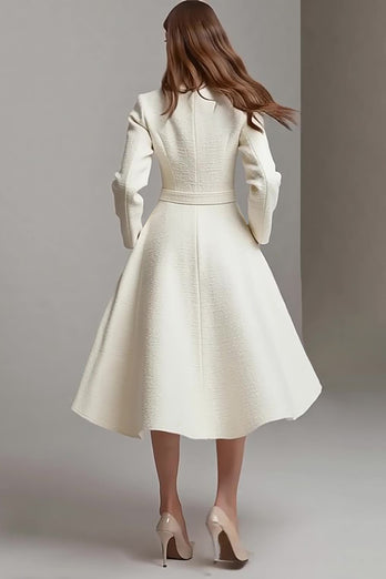 Ivory Tweed Boat Neck A Line Midi Homecoming Outfits with Belts