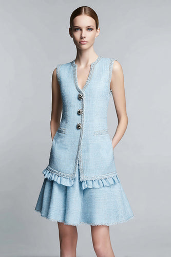 Sky Blue Tweed 2 Piece Short Homecoming Outfits with Ruffles