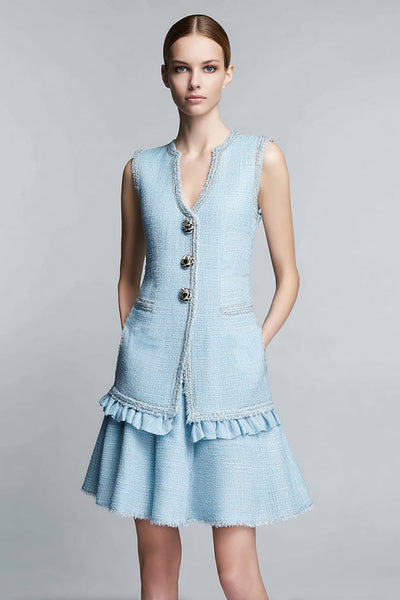 Sky Blue Tweed 2 Piece Short Homecoming Outfits with Ruffles