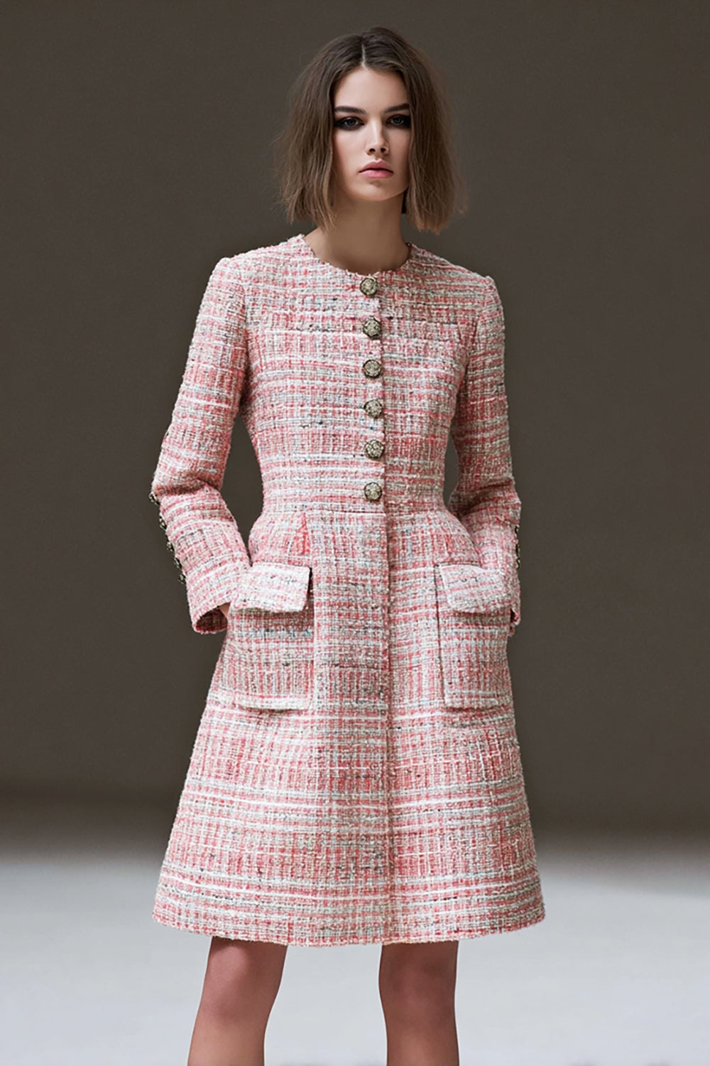 Pink Tweed A Line Plaid Short Homecoming Dress with Sleeves