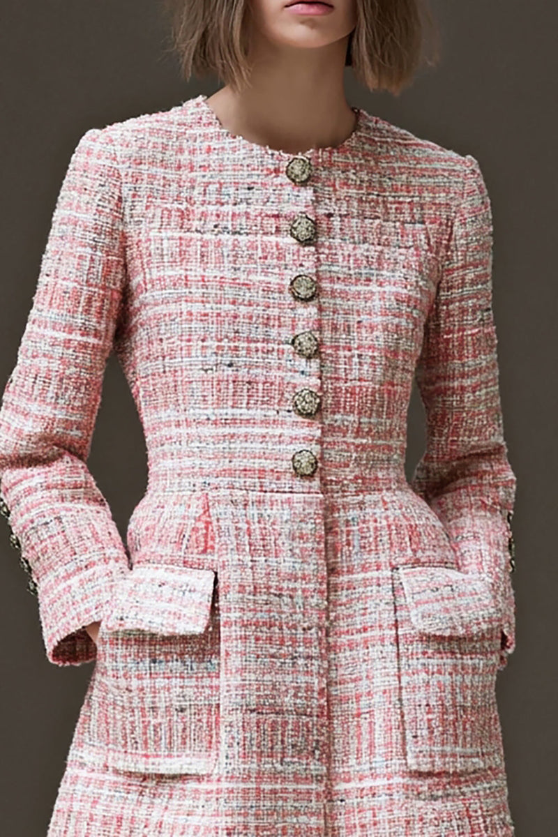 Load image into Gallery viewer, Pink Tweed A Line Plaid Short Homecoming Dress with Sleeves