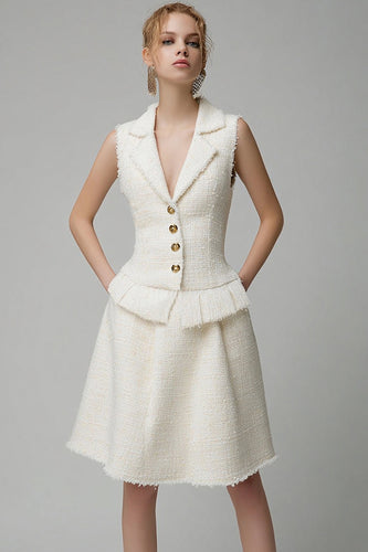 Ivory 2 Piece Tweed Notched Lapel Short Homecoming Outfits