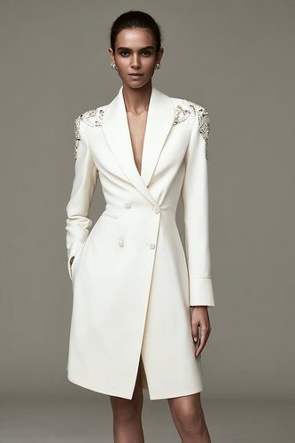 Ivory Satin Shawl Lapel Short Pencil Dress with Beading
