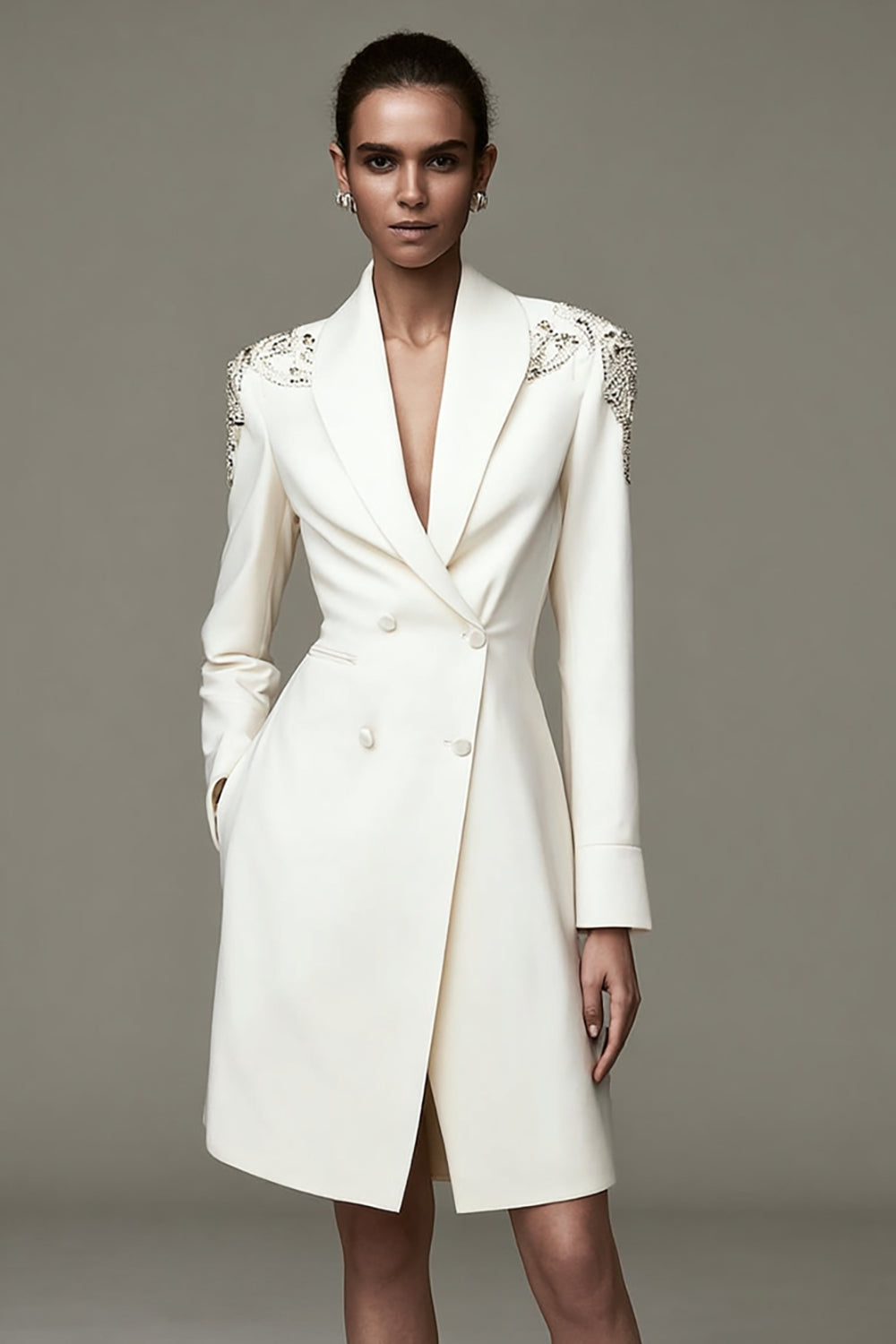 Ivory Satin Shawl Lapel Short Pencil Dress with Beading