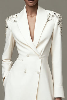 Ivory Satin Shawl Lapel Short Pencil Dress with Beading