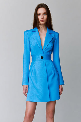 Blue Pencil Notched Lapel Short Blazer Dress with Sleeves