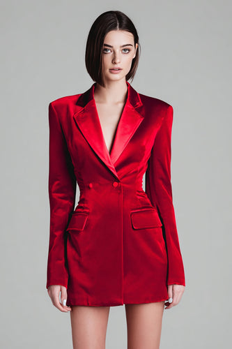 Red Notched Lapel Velvet Short Blazer Dress with Sleeves