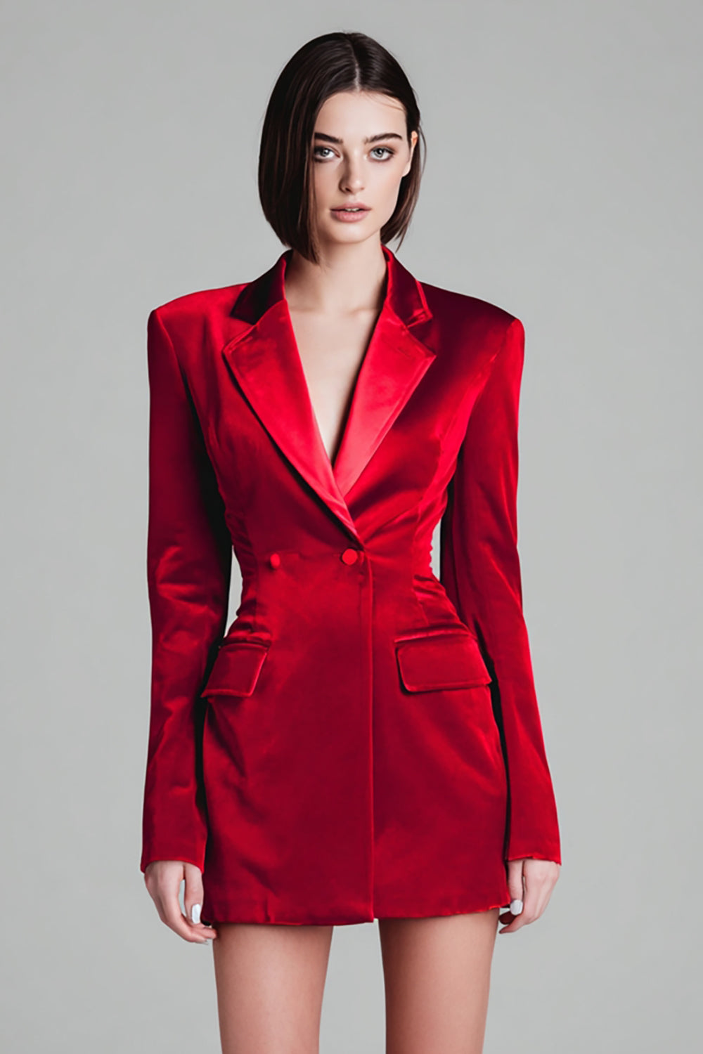 Red Notched Lapel Velvet Short Blazer Dress with Sleeves