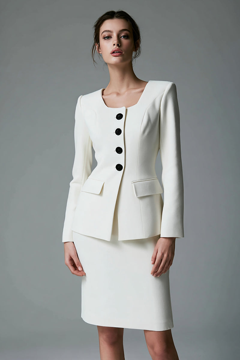Queendancer Women Ivory 2 Piece Satin Short Business Suits Single Breasted Bodycon Work Suits with Sleeves – queendancer