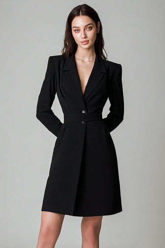 Black Peak Lapel Single Breasted Short Blazer Dress with Sleeves