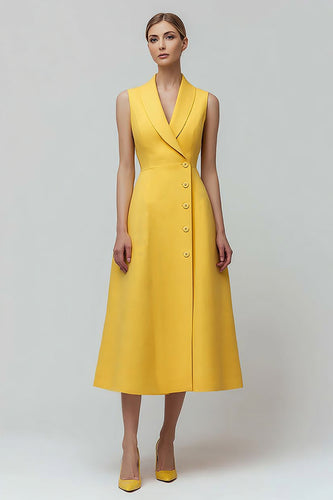 Yellow Shawl Lapel A Line Single Breasted Midi Blazer Dress