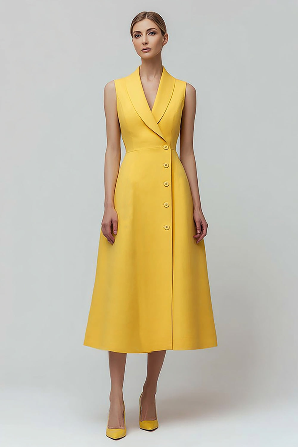 Yellow Shawl Lapel A Line Single Breasted Midi Blazer Dress