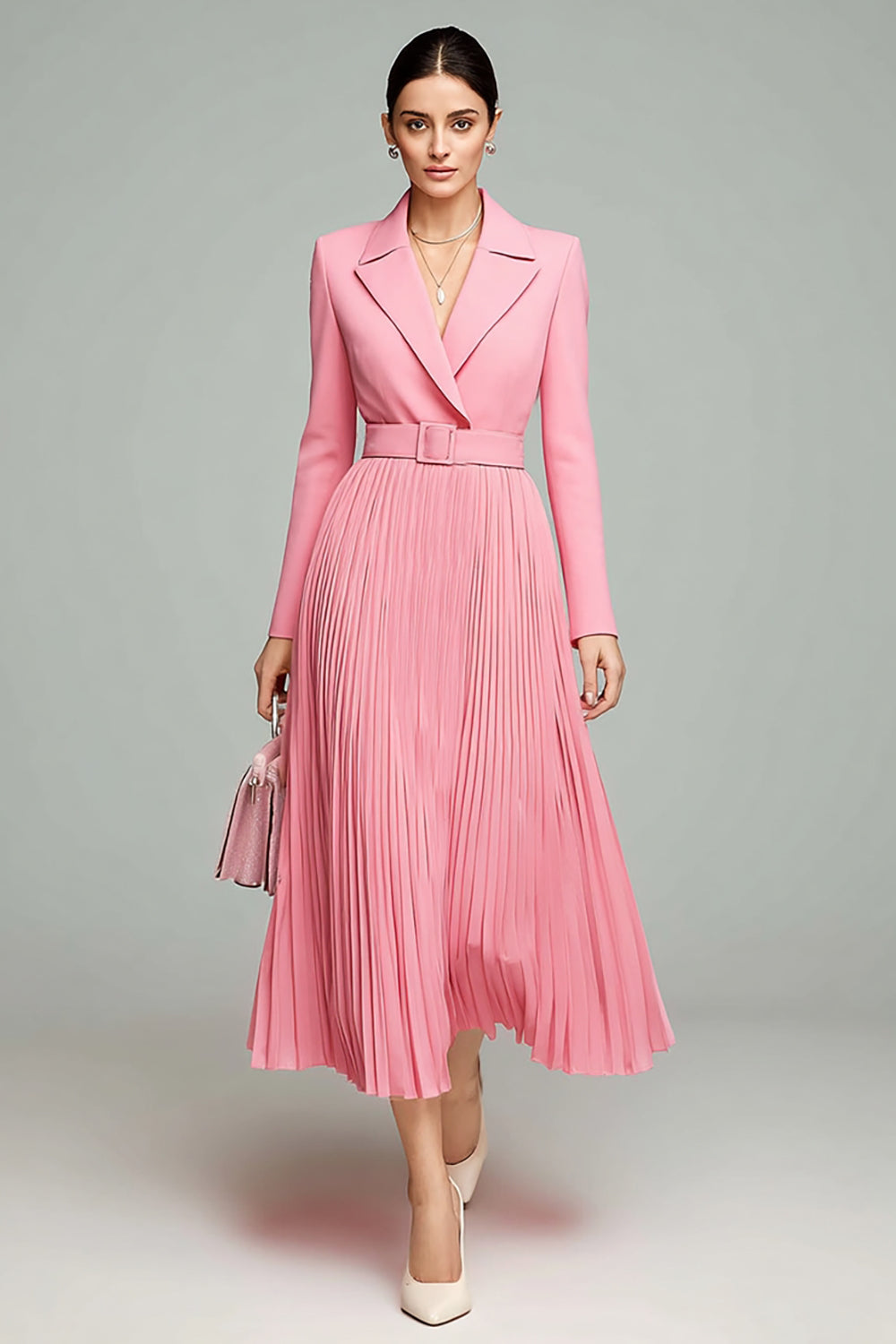 Pink A Line Pleated Midi Blazer Dress with Belt