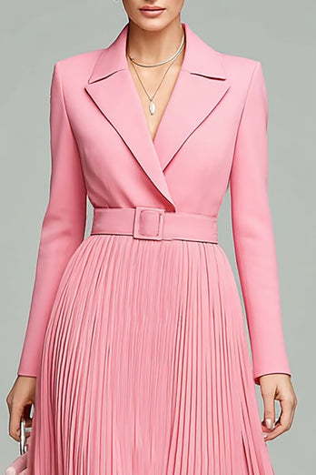 Pink A Line Pleated Midi Blazer Dress with Belt