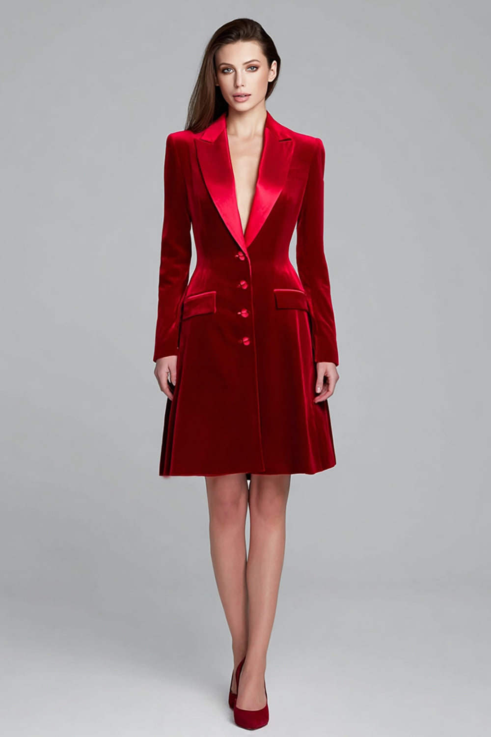 Burgundy Velvet Single Breasted Short Blazer Dress with Sleeves