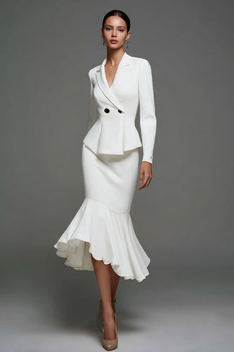 Ivory Satin Notched Lapel Ruffled Midi Blazer Dress with Sleeves