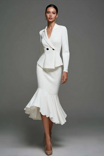 Ivory Satin Notched Lapel Ruffled Midi Blazer Dress with Sleeves