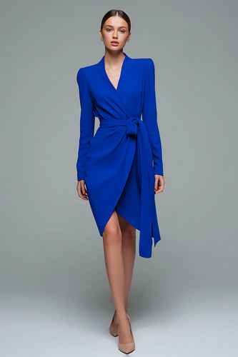 Simple Royal Blue Bodycon V-Neck Short Work Dress with Sash