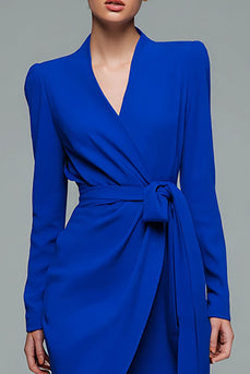 Simple Royal Blue Bodycon V-Neck Short Work Dress with Sash