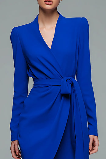 Simple Royal Blue Bodycon V-Neck Short Work Dress with Sash