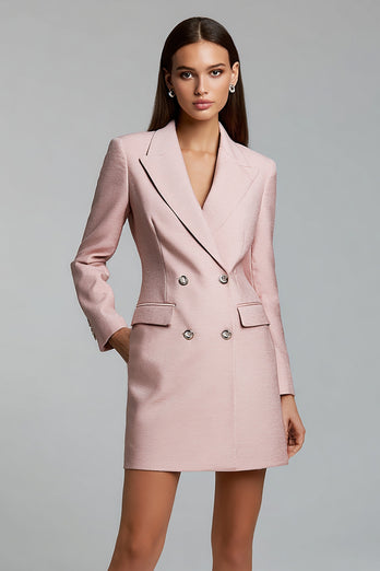 Pink Pencil Peak Lapel Double Breasted Short Blazer Dress with Sleeves