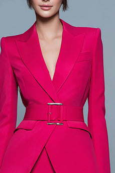 2 Piece Fuchsia Peak Lapel Satin Short Pencil Business Suits with Belt