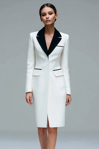 Ivory Satin Peak Lapel Bodycon Short Blazer Dress with Sleeves