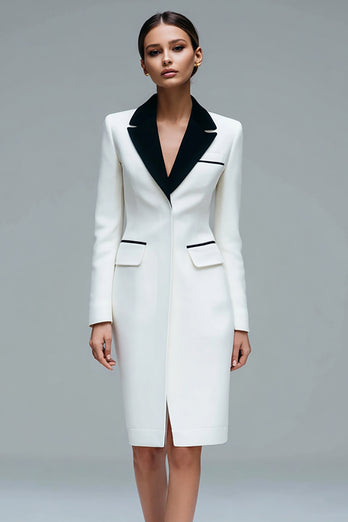Ivory Satin Peak Lapel Bodycon Short Blazer Dress with Sleeves