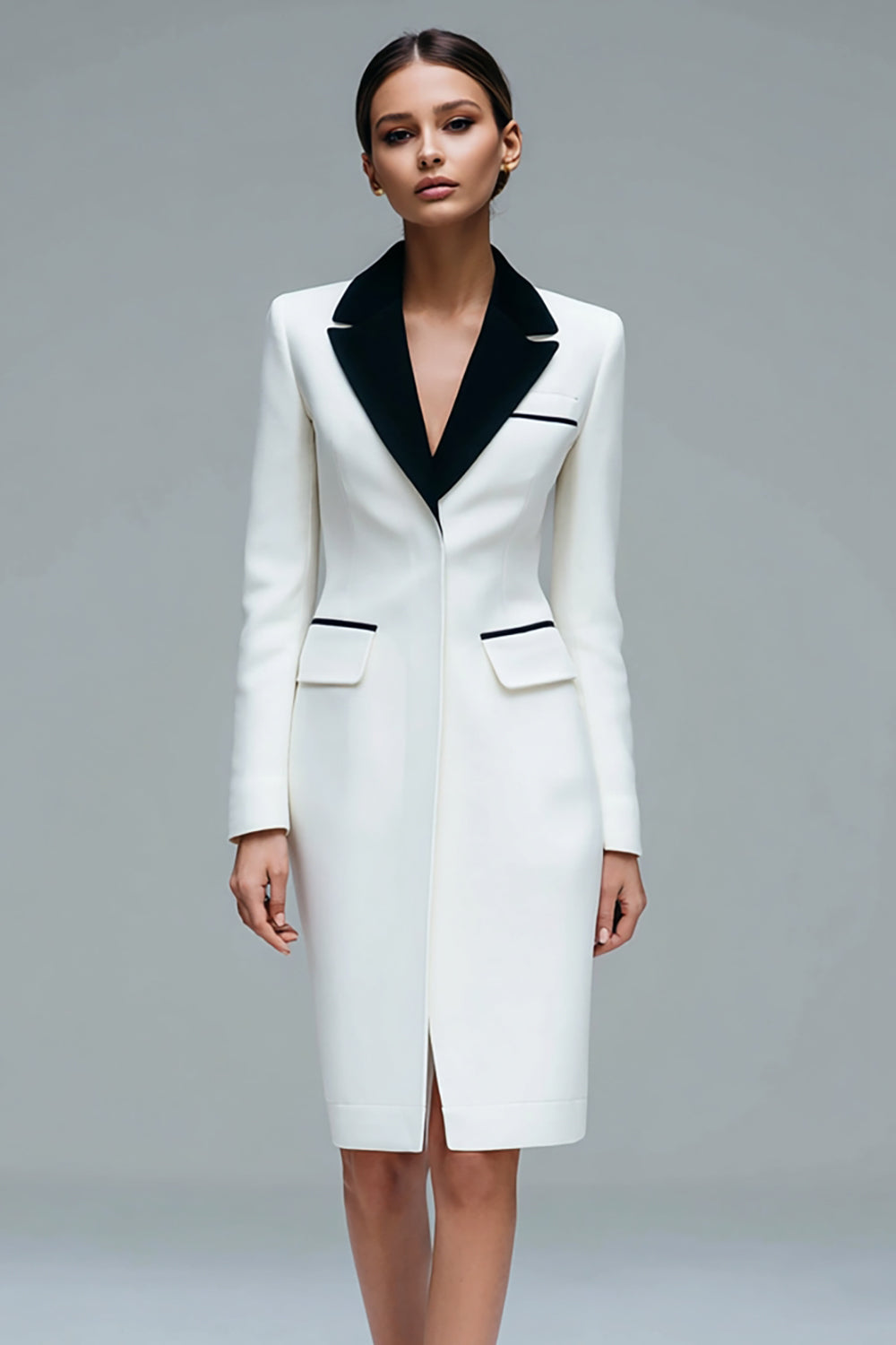 Ivory Satin Peak Lapel Bodycon Short Blazer Dress with Sleeves