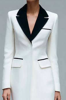Ivory Satin Peak Lapel Bodycon Short Blazer Dress with Sleeves
