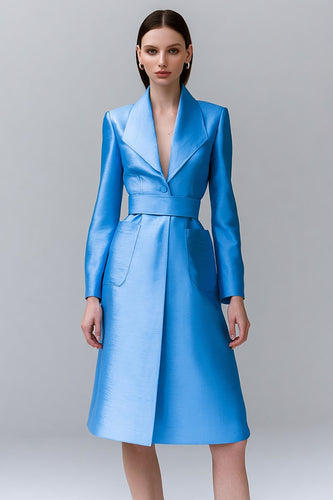 Blue Satin A Line Pockets Midi Blazer Dress with Sleeves