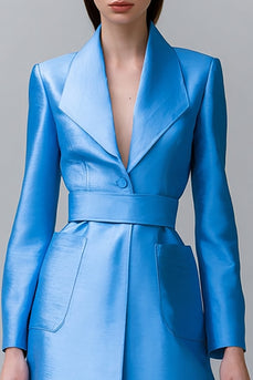 Blue Satin A Line Pockets Midi Blazer Dress with Sleeves