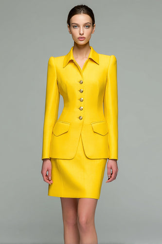 2 Piece Yellow Collar Satin Short Pencil Business Suits with Sleeves