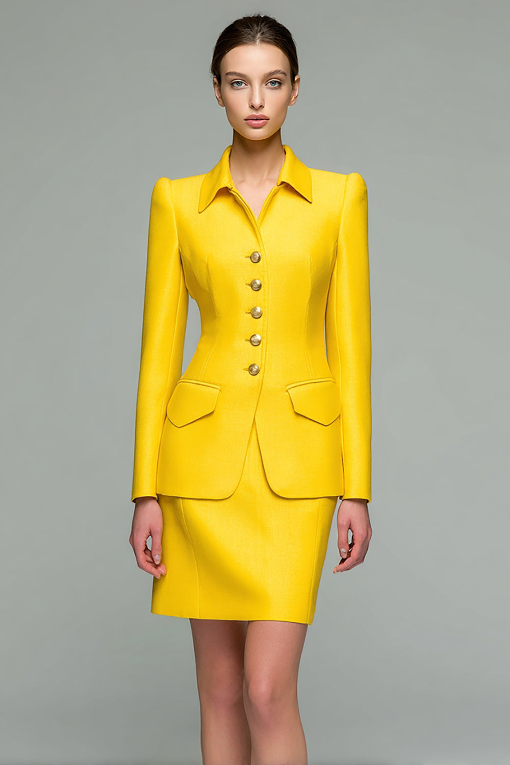 2 Piece Yellow Collar Satin Short Pencil Business Suits with Sleeves