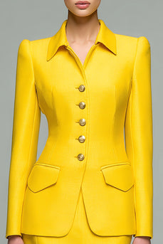 2 Piece Yellow Collar Satin Short Pencil Business Suits with Sleeves