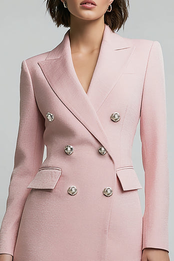 Pink Peak Lapel Double Breasted Short Pencil Blazer Dress with Sleeves