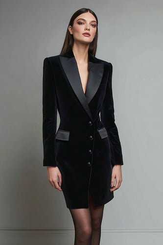 Black Pencil Velvet Shawl Lapel Short Blazer Dress with Sleeves
