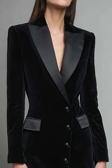 Black Pencil Velvet Shawl Lapel Short Blazer Dress with Sleeves