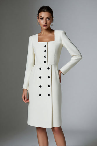 Ivory Satin Buttons Short Pencil Blazer Dress with Sleeves