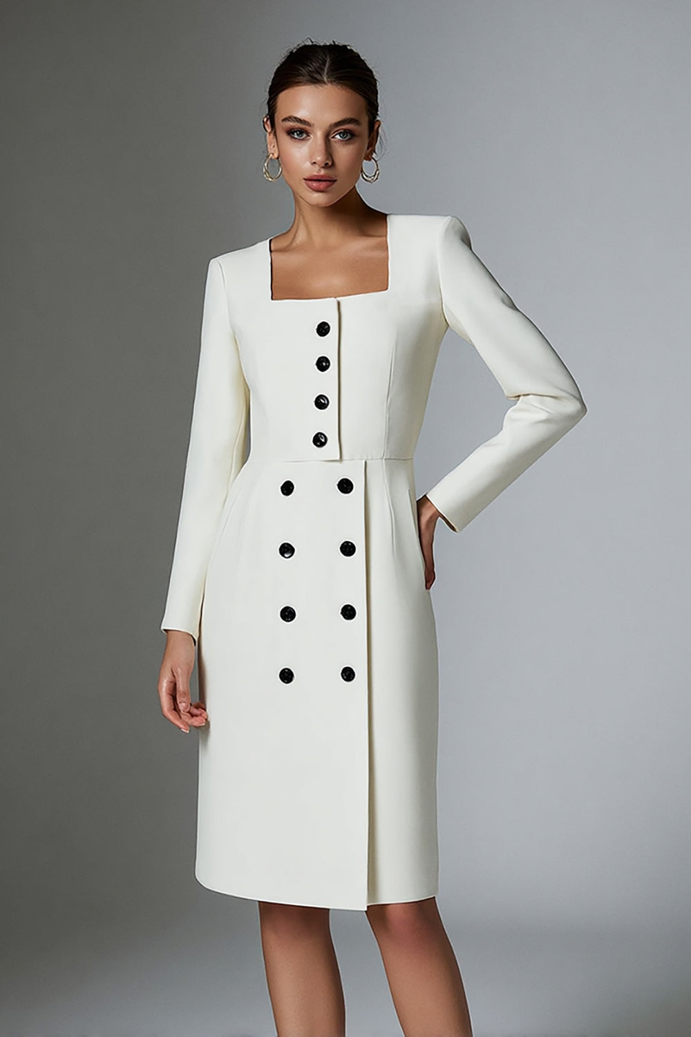 Ivory Satin Buttons Short Pencil Blazer Dress with Sleeves