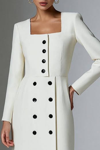 Ivory Satin Buttons Short Pencil Blazer Dress with Sleeves