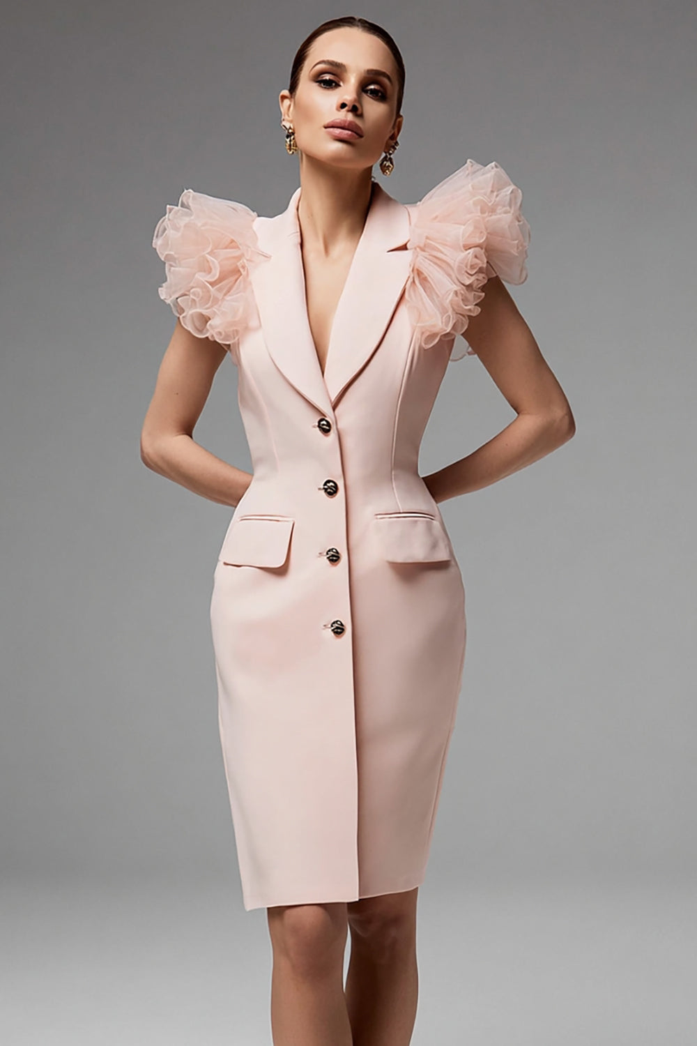 Pink Notched Lapel Pencil Satin Short Blazer Dress with Ruffles