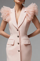 Load image into Gallery viewer, Pink Notched Lapel Pencil Satin Short Blazer Dress with Ruffles